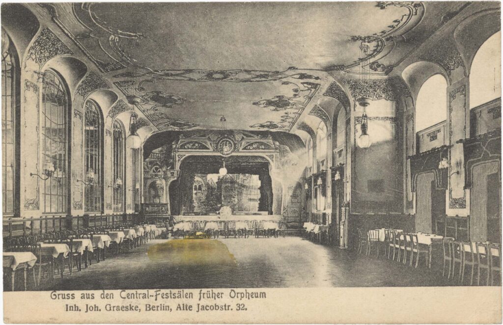 Interior View of the Central-Festsäle, n.d., n.p., Collection: Peter Plewka / FHXB Friedrichshain-Kreuzberg Museum, 0090. In the Central-Festsäle (Alte Jakobstraße 32), the 'Bund für Menschenrecht' met. Numerous Urning Balls were also held here.