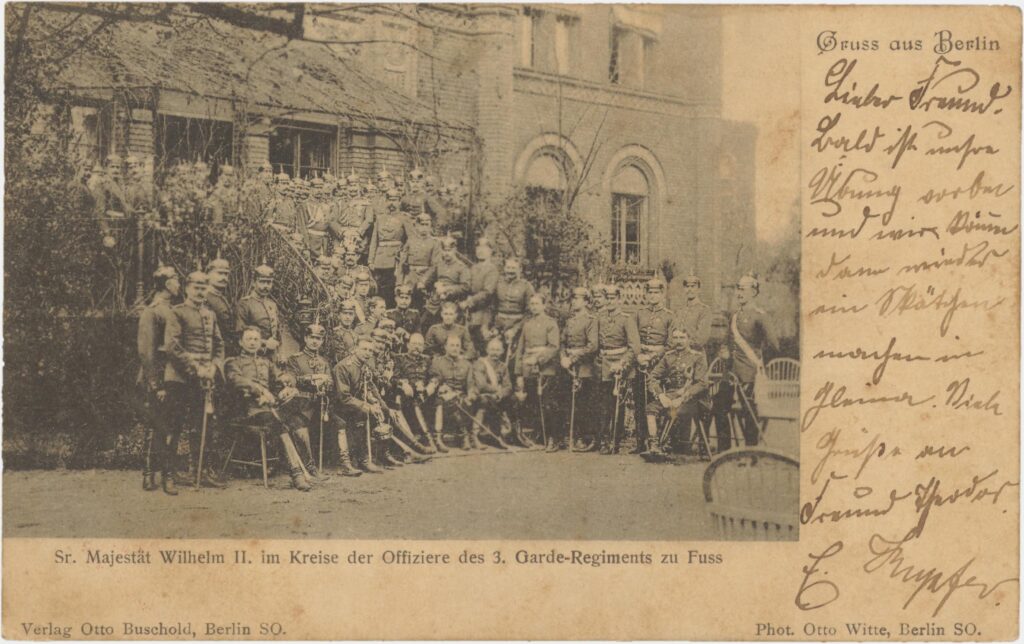 Kaiser Wilhelm II with the officers of the 3rd Guard Regiment on Foot, undated, Publisher Otto Buschold, Collection Peter Plewka / FHXB Friedrichshain-Kreuzberg Museum, 5197.