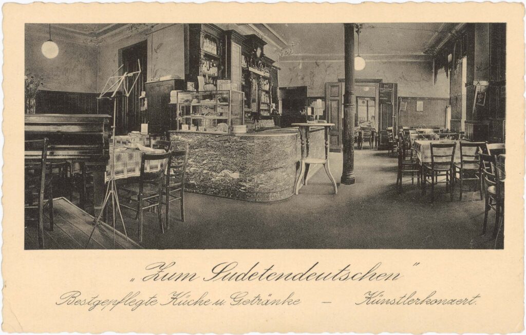 The stamp refers to the call to save resources during World War II.Restaurant, „Zum Suedetendeutschen” Belle-Alliance-Str. 90, no date, (sent in 1943), SPP / FHXB 2994