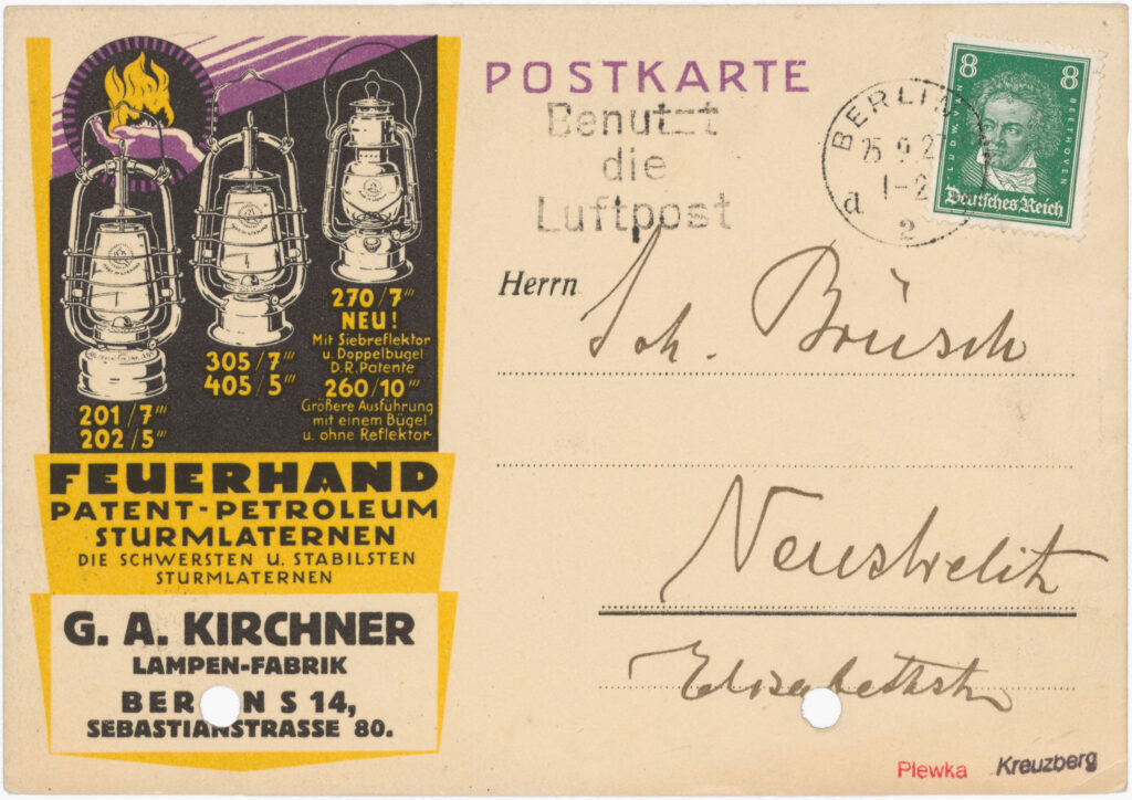 Advertising Postcard for Lamp Factory “G. A. Kirchner”Sebastianstr. 80, no date (sent in 1927), SPP / FHXB 5335