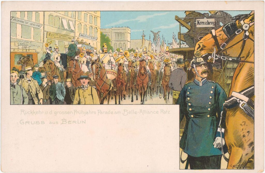 The painter Karl Wagner chose a moment from a military parade as his subject. “Return from the Great Spring Parade”.Belle-Alliance-Platz, no date (likely around 1890–1910), SPP / FHXB 3114