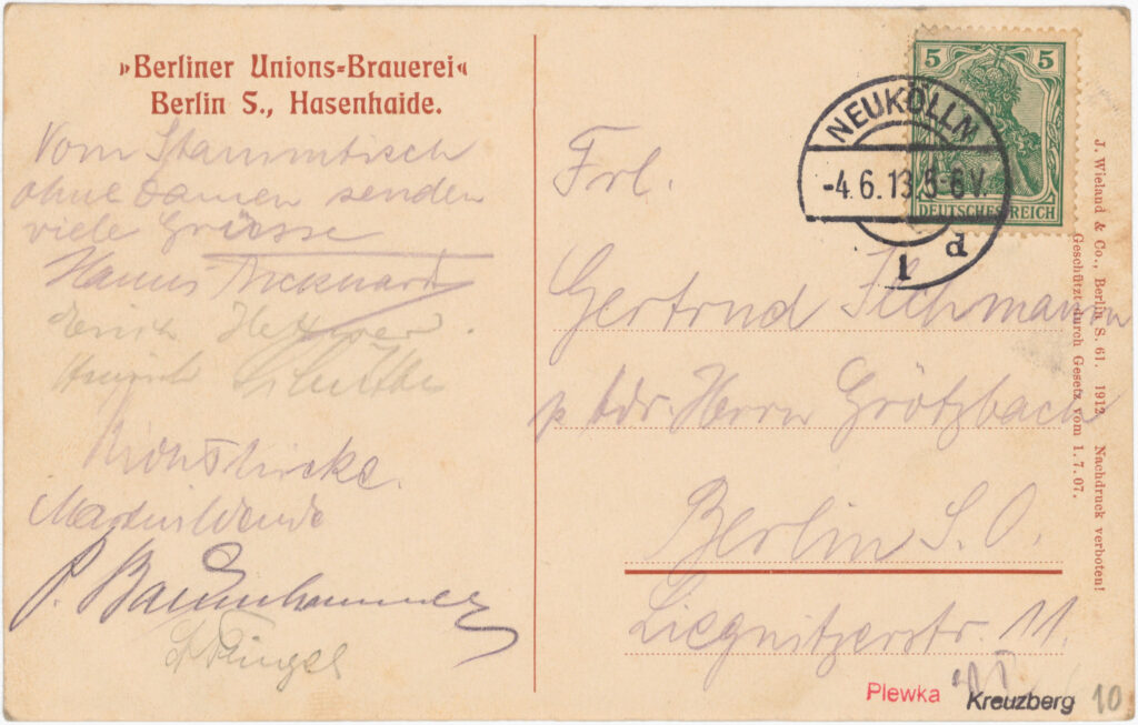 “Greetings from the regulars‘ table without ladies...”Restaurant „Berliner Unions-Brauerei”, Hasenheide, 1912 (sent in 1913), SPP / FHXB 1762