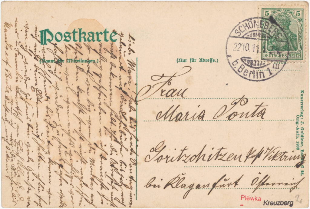 “I have been waiting for the payroll books until today (…) and have not yet received them//Did you not write the address correctly//I needed them so urgently“.Görlitzer Bahnhof, 1908 (sent in 1910), SPP / FHXB 1345