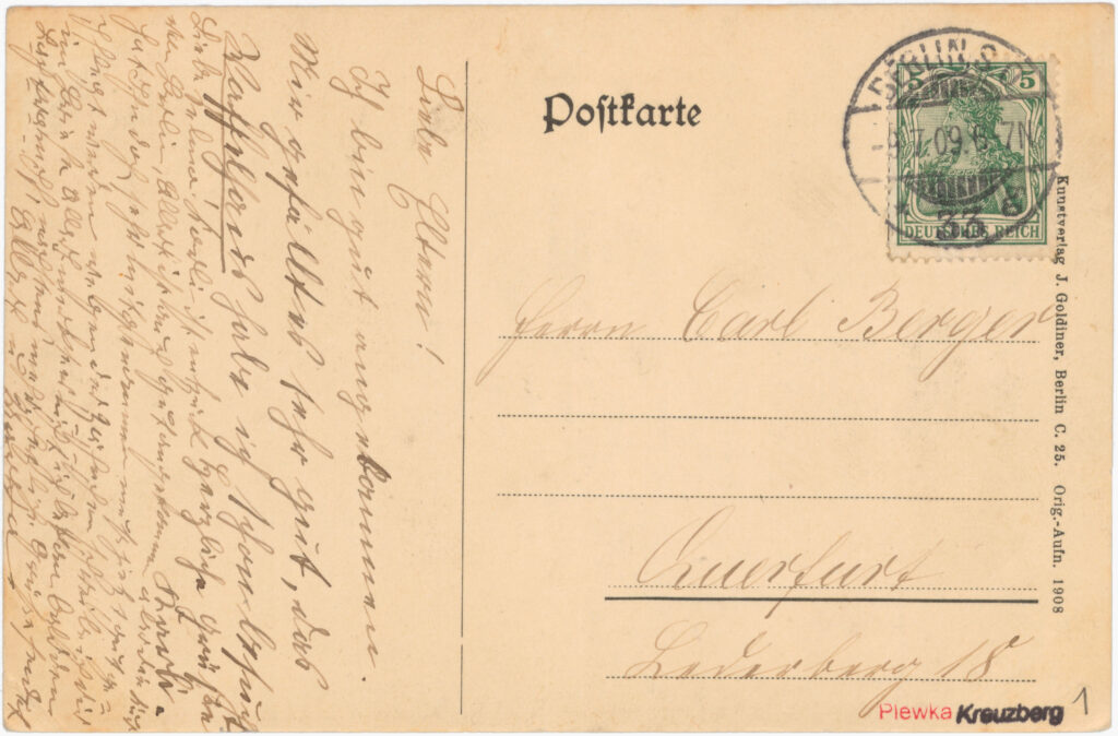 “Dear parents! I‘ve arrived safely. I like it very much, I‘ve already visited the waffle house.”Heckmannufer, 1908, (sent in 1909), SPP / FHXB 1878