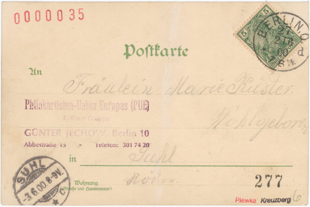 Mit Stempel „Philokartisten-Union Europas (PUE) // Berliner Gruppe // Günter Jechow, Berlin 10“, auf der Textseite „Unsere Kaiserin vom Paradefelde zurückkehrend“Hallesches Tor, o.D. (verschickt 1900), SPP / FHXB 1549