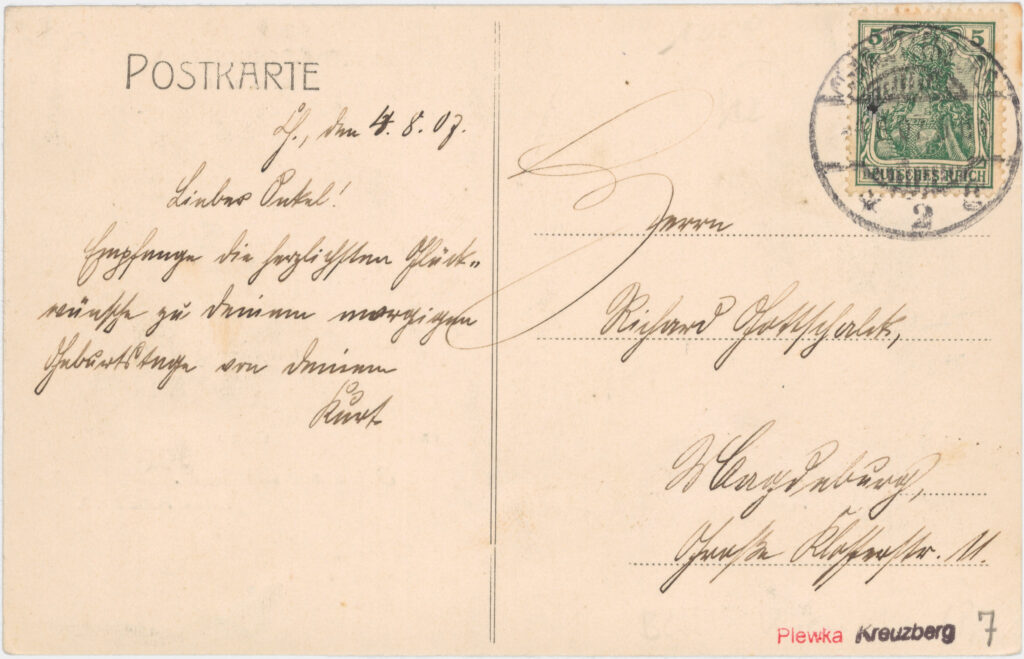 „Hier ist mein Platz mittags beim Essen“Das 1898–1901 von Karl Janisch im Jugendstil entworfene, erste Verwaltungsgebäude der Firma Siemens am Askanischen Platz 3 mit elegantem Casino für die Verwaltungsangestellten. o.D. (verschickt am 04.08.1907), SPP / FHXB 0360