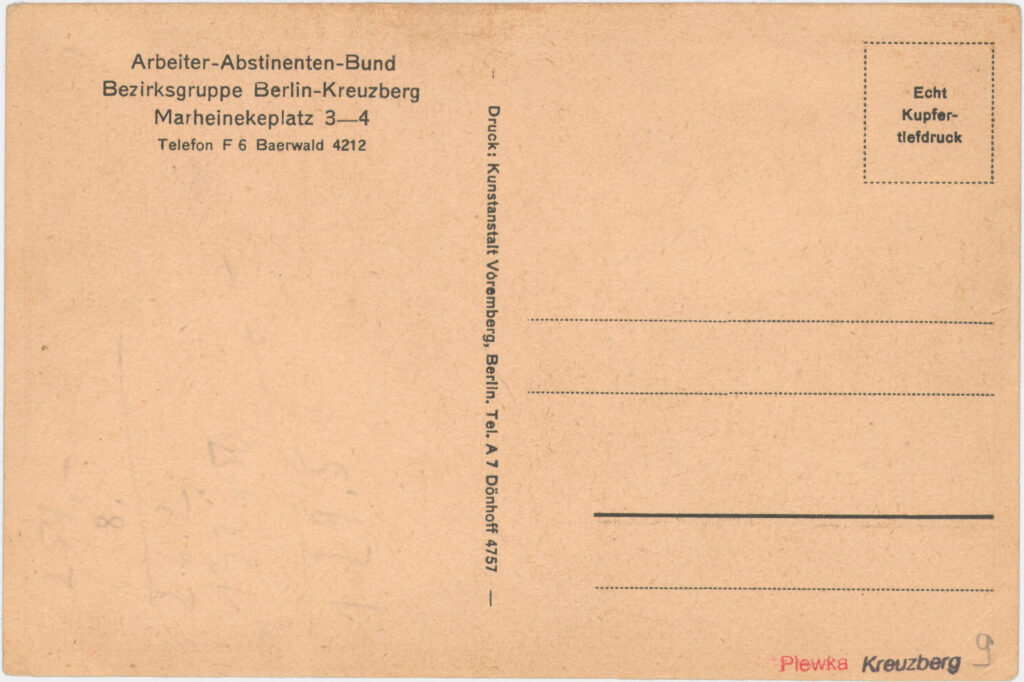 Im Lokal des Deutschen Arbeiter-Abstinenten-Bundes wurde 1931 die „Freie Sportvereinigung Fichte“ gegründet. „Arbeiter-Abstinenten-Bund // Bezirksgruppe Berlin-Kreuzberg // Marheinekeplatz 3–4“, o.D., SPP / FHXB 2752