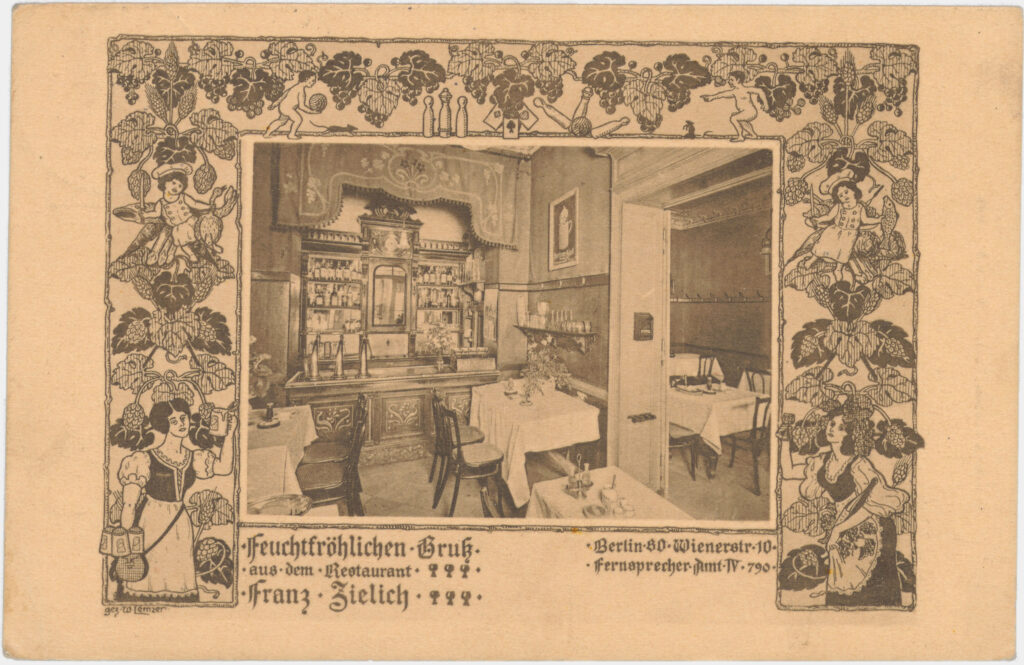 Bevor das Sturmlokal „Wiener Garten“ in der Wienerstr. 10 eröffnete, befand sich dort das Restaurant Franz Zielich. „Feuchtfröhlichen Gruß aus dem Restaurant Franz Zielich“, Wienerstr. 10, 1910 (sent on 28.01.1913), SPP / FHXB 5016