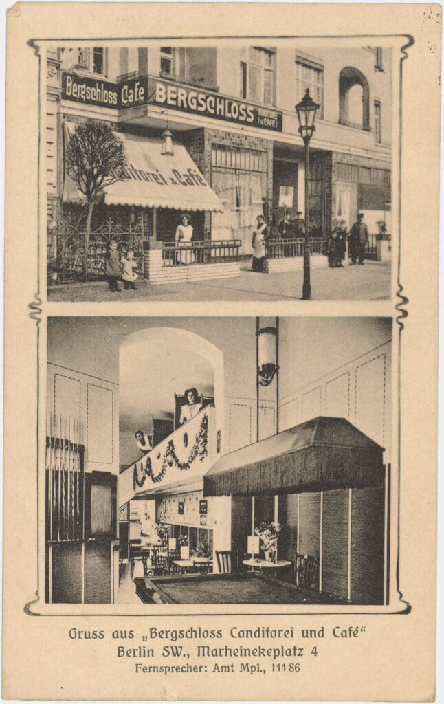 1911 befand sich am späteren Gründungsort der „Freien Sportvereinigung Fichte“ das Café „Bergschloss“. „Gruss aus ‚Bergschloss Conditorei und Café‘ // Berlin SW., Marheinekeplatz 4“, o.D., (verschickt am 07.11.1916), SPP / FHXB 2749