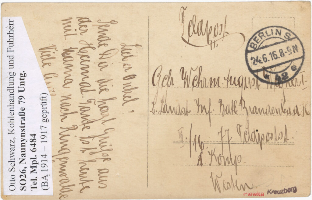 Kohlenhandlung „Otto Schwarz“ Naunynstr. 79, o.D. (verschickt am 24.06.1916), SPP / FHXB 3402