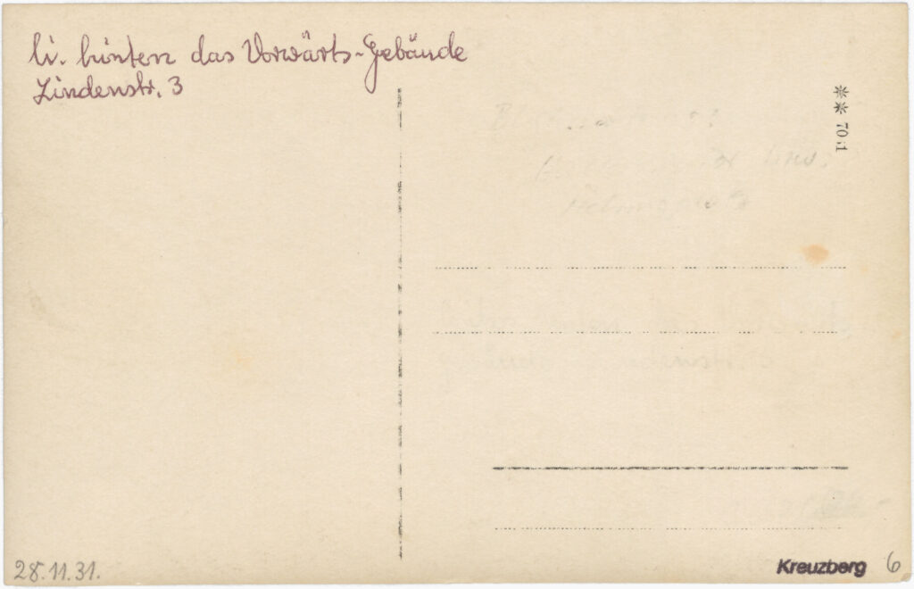 Das sozialdemokratische Vorwärts-Haus mit Verlag und Druckerei lag in der Lindenstr., direkt am damaligen Belle-Alliance-Platz (heute Mehringplatz). Lindenstr., ca. 1931, SPP / FHXB 2514